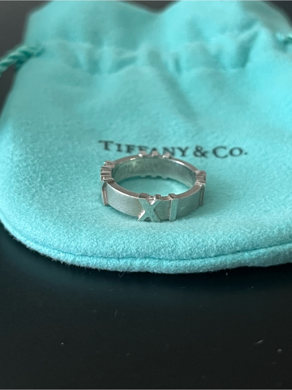 Tiffany & Co. Brushed Silver Atlas Roman Numeral Band Sz 4